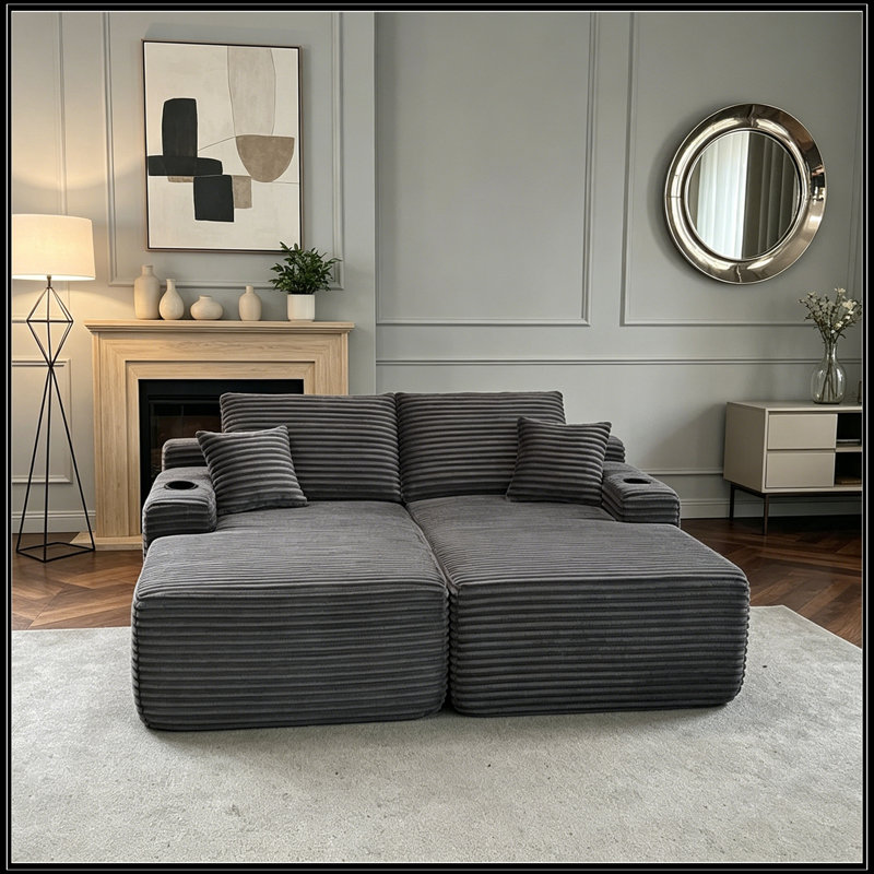 Chaise longue en L avec assise profonde et coussin moelleux, Gris