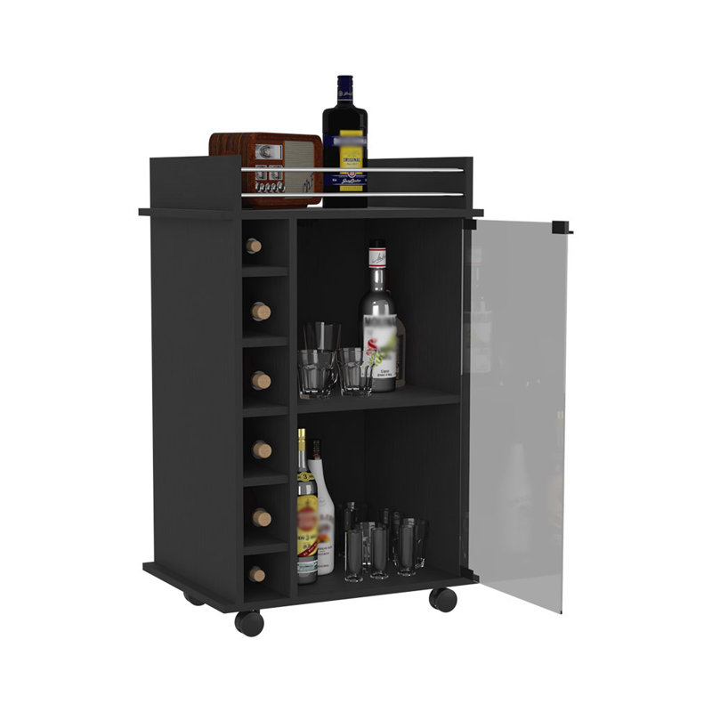 Bar Cart Baltimore, Two Tier Cabinet With Glass Door, Six Wine Cubbies, Black Wengue Finish