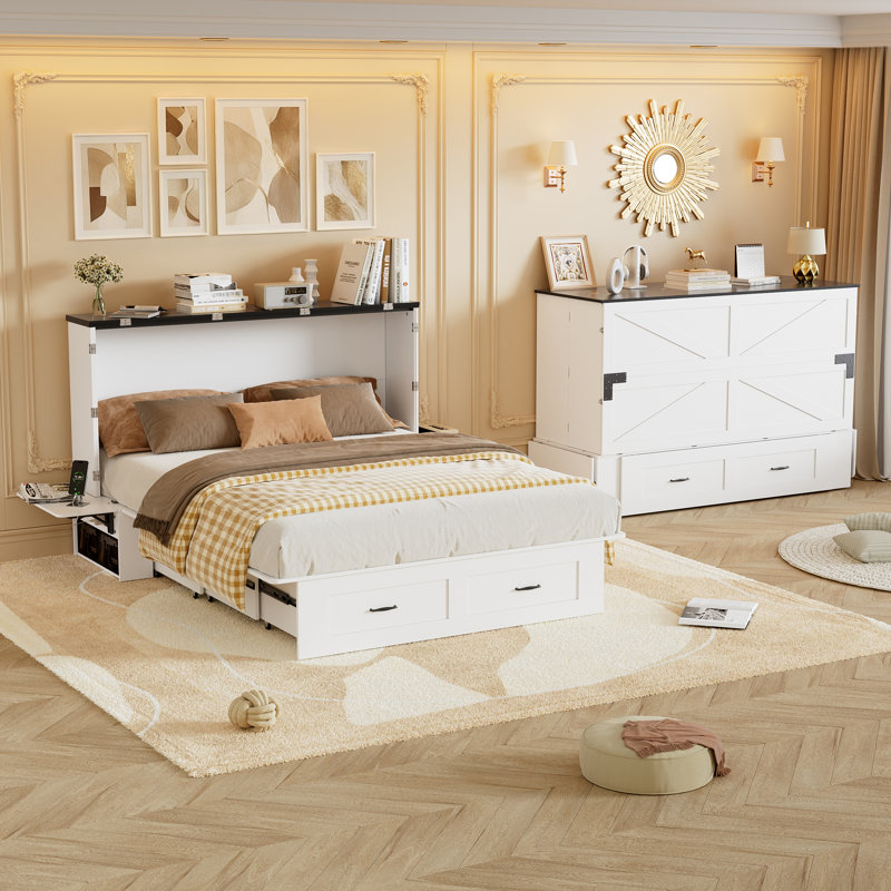 Grande armoire-lit escamotable pliable avec tables de chevet à double face et charge USB, cadre de lit plateforme peu encombrant pour appartement, studio, bureau personnel, chambre d'amis, assemblage facile, matelas non inclus