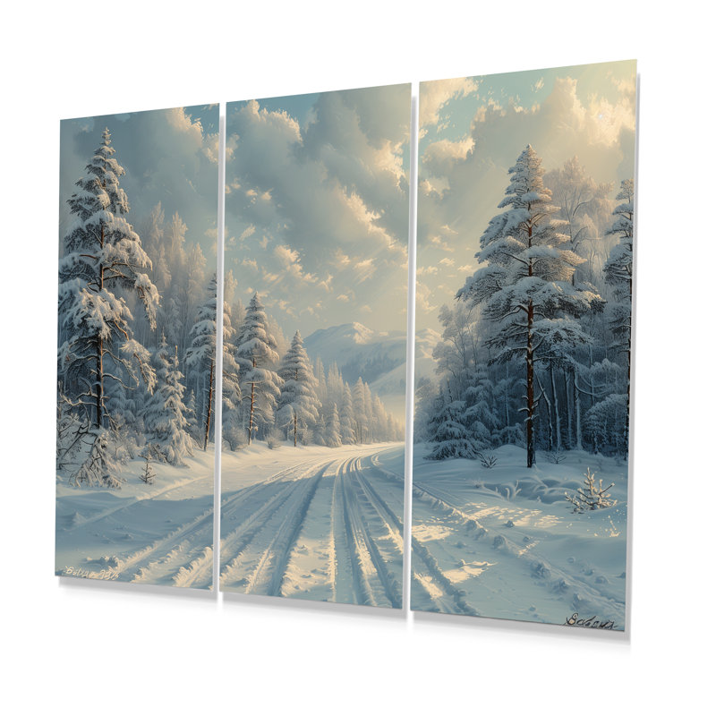 White Grey Winter Road Into Forest II - Winter Landscape Wall Art Set, Métal métal, H 40 po x l 60 po x P 1 po