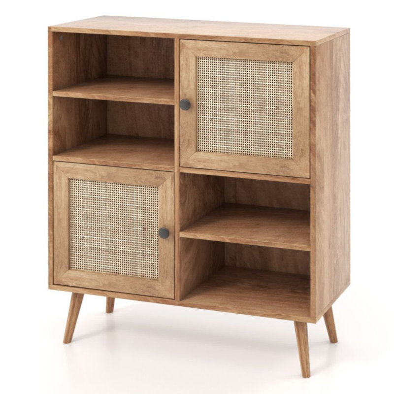 Natural Wood Mid-Century Modern Rattan Door Sideboard