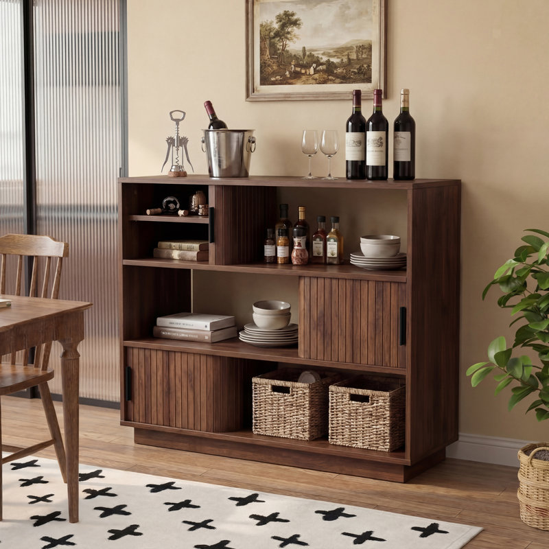 Buffet 44 "à cannelures avec portes coulissantes et tablettes réglables, crédence de rangement moderne de style Mid-Century à 3 niveaux pour le vestibule de la cuisine du salon, console de bar en bois