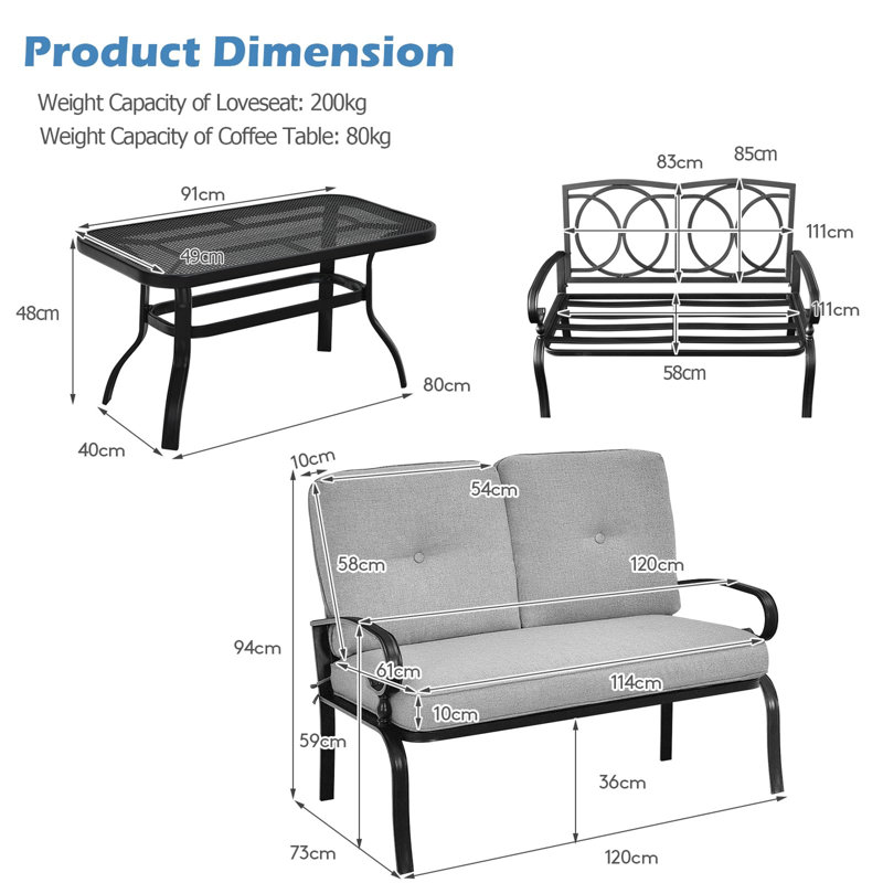 Outdoor Two Seater Bench, 2 Seater, With Coffee Table And Cushions (Gray)