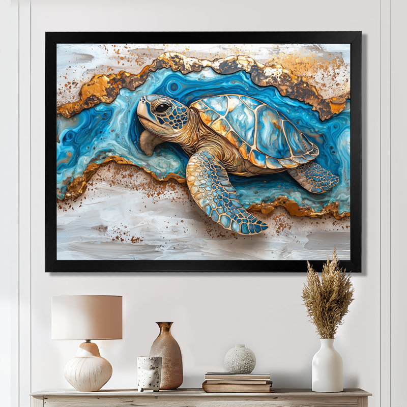 «Conin Turtle On Beach Landscape Collage», art mural tortue pour le salon, H 30 po x l 40 po, Avec cadre