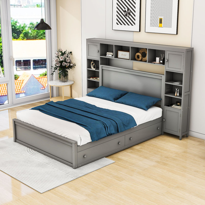 Lit plateforme 4 tiroirs en bois avec armoire, gris