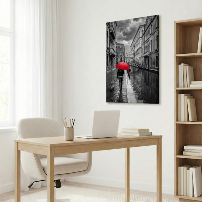Red Umbrella Woman Walking Dog On Venice Canal Black And White Photo Canvas Wrapped Wall Art Oil Painting Print Set Of 1