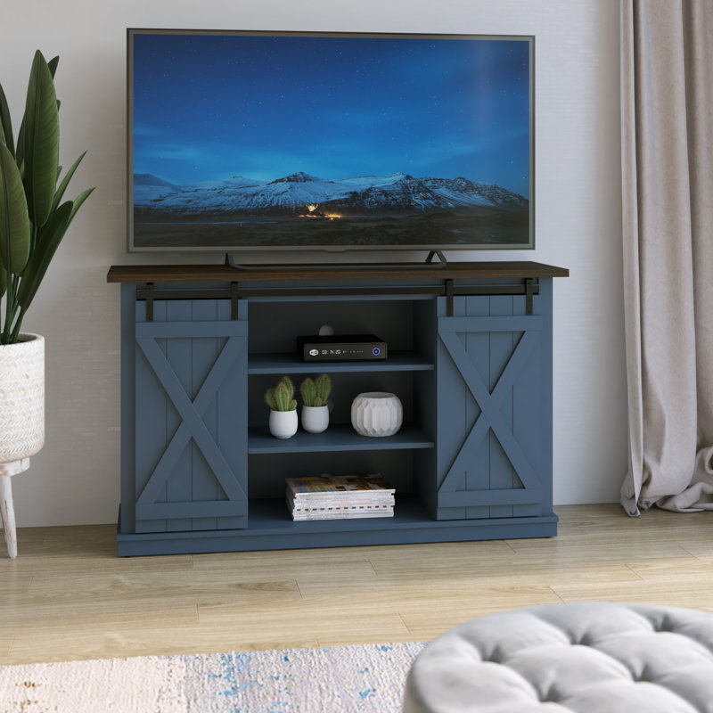 Lorraine TV Stand with Sliding Barn Doors, Fontana Blue, 54 Inch