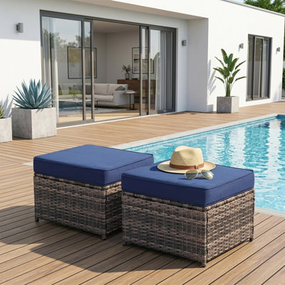 Canapé de patio 2 pièces avec coussins de 4,3 po d'épaisseur, ensemble de rallonge pour canapé d'extérieur en osier, accessoire de siège en rotin toutes saisons pour meubles de jardin, bleu