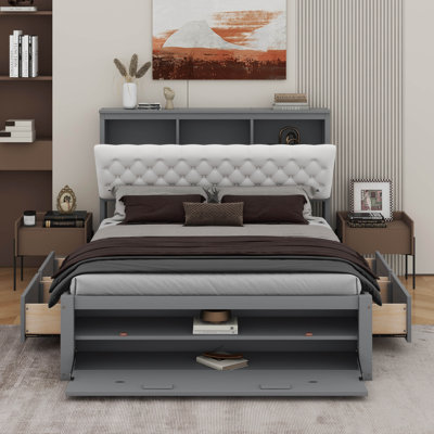 Wood Queen Size Platform Bed With Storage Headboard, Shoe Rack And Drawers