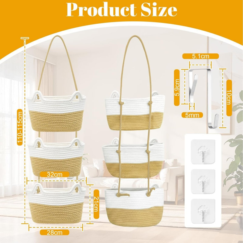 3-Tier Wall Hanging Cotton Rope Baskets, Large Decorative Hanging Baskets for Bathroom
