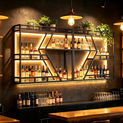 79 Inch Wine Rack Wall Mounted with LED Warm Light, 3-Tier Large Capacity Liquor Shelf with Glass Holder, Industrial Metal Floating Bar Shelves for Ho by Williston Forge