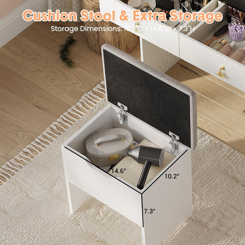 Small Vanity Desk with LED Mirror & Stool, Compact Makeup Table for Bedroom, White
