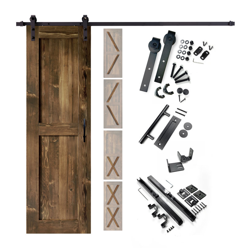 5-in-1 Design 80" Colour Solid Pine Unassembled Door with Black Rustic Installation Hardware Kit, Walnut, 28" x 80"
