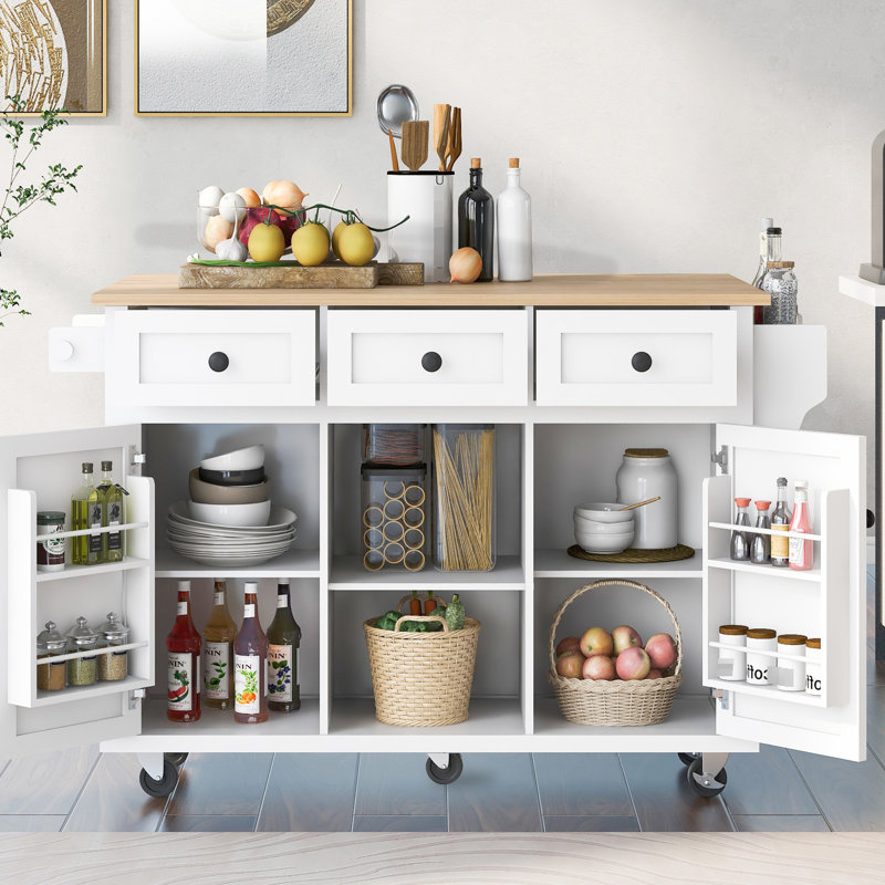 Chariot de cuisine pratique avec rangement interne et support en métal pour grand espace, plateau de table et 5 roulettes, blanc