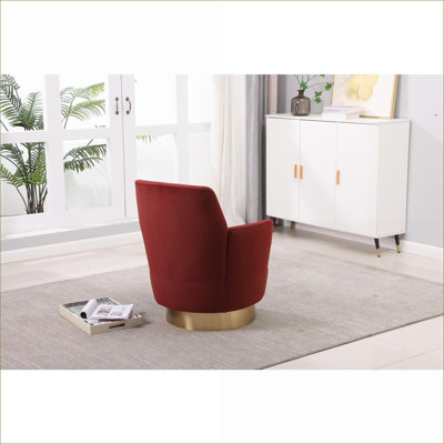 Fauteuil d'appoint rotatif en velours, fauteuil de lecture rond confortable pour chambre à coucher de salon avec base en acier inoxydable doré, rouge bourgogne