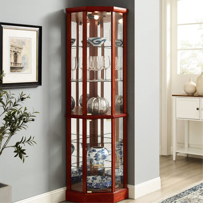 6 Shelf Curio Cabinet With Adjustable Glass Shelves And Mirrored Back In Lovely Cherry Corner Tempered