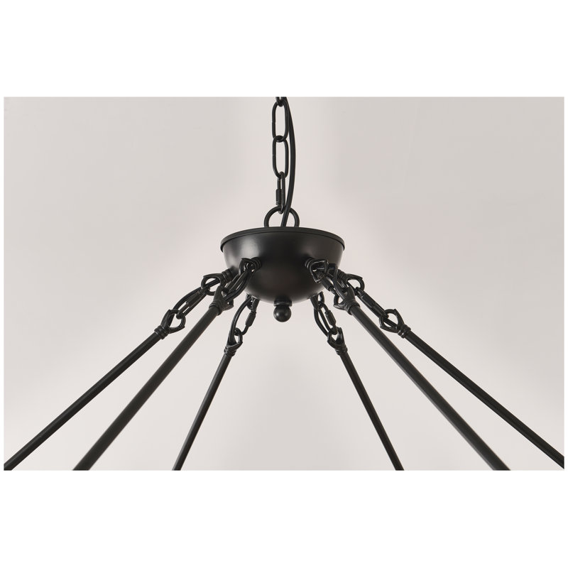 Lustre en roue de chariot 31,5 po noir mat et bois - Luminaire suspendu 12 lumières