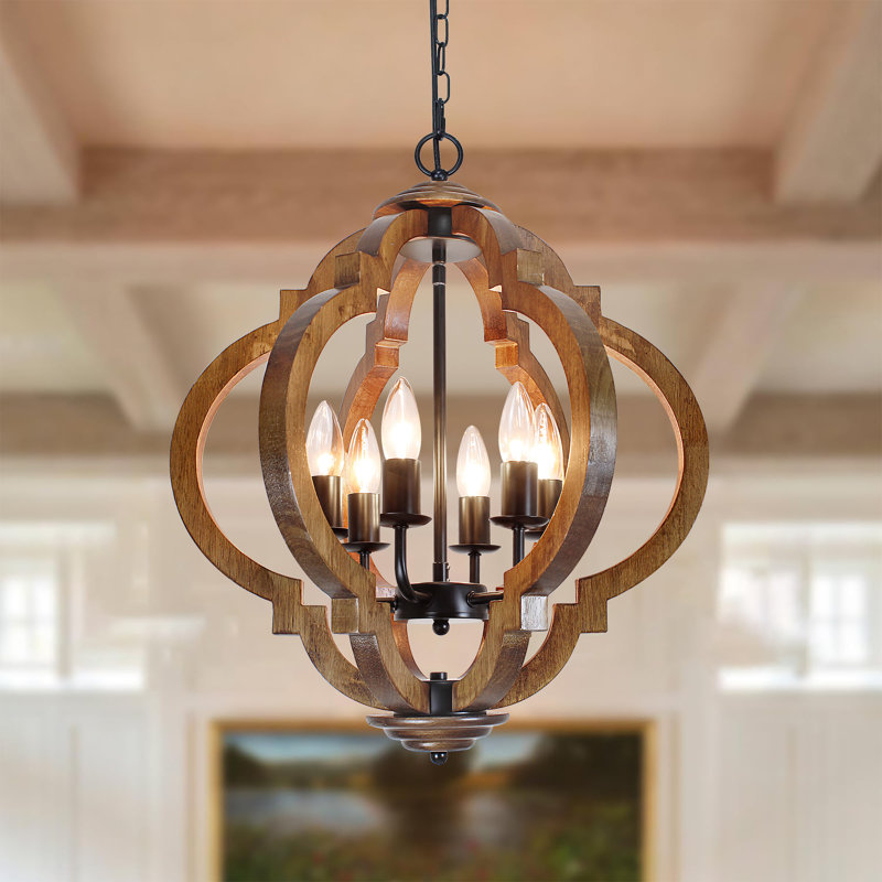 Allysha Rustic 6 Lights Orb Wood Chandelier, Black/Brown