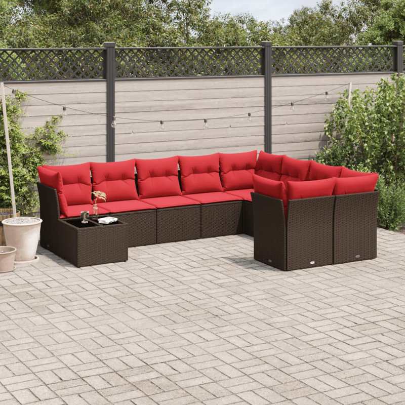 Ensemble de canapé de patio 10 pièces avec coussins en rotin de polyester, Rouge, Brun