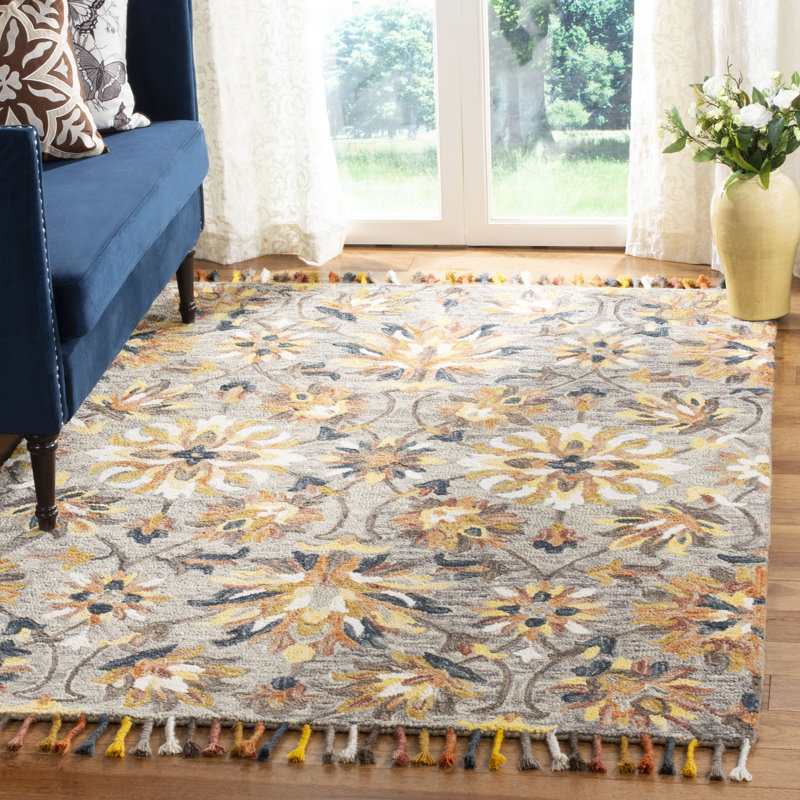 Edvardo Hand Tufted Wool Floral Rug, Rectangle 5' x 8'
