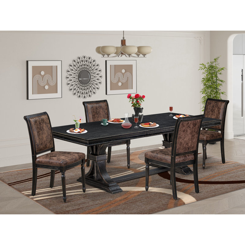 L'ensemble de table de cuisine 5 pièces se compose d'une table de salle à manger moderne et de 4 chaises de salle à manger en tissu de polyester texturé brun avec dossier haut - fini noir sablé