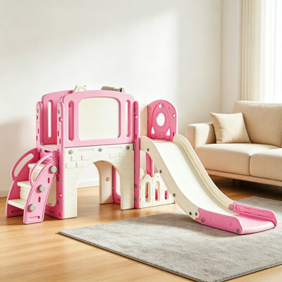 6-in-1 Multifunctional Toddler Slide Set with Climber, Basketball Hoop, Tunnel & Storage, Indoor Outdoor Playground for Kids