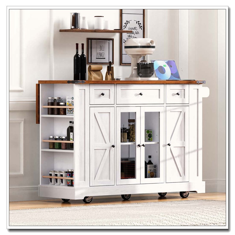 53" Farmhouse Kitchen Island with Tempered Glass Doors and Power Outlet, White