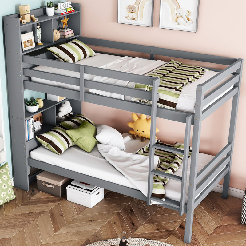Lit simple superposé avec tablettes, bois d'hévéa gris, garde-corps et lit détachable à 2 lits, structure en bois avec rangement pour tête de lit bibliothèque, lits convertibles et décoratifs