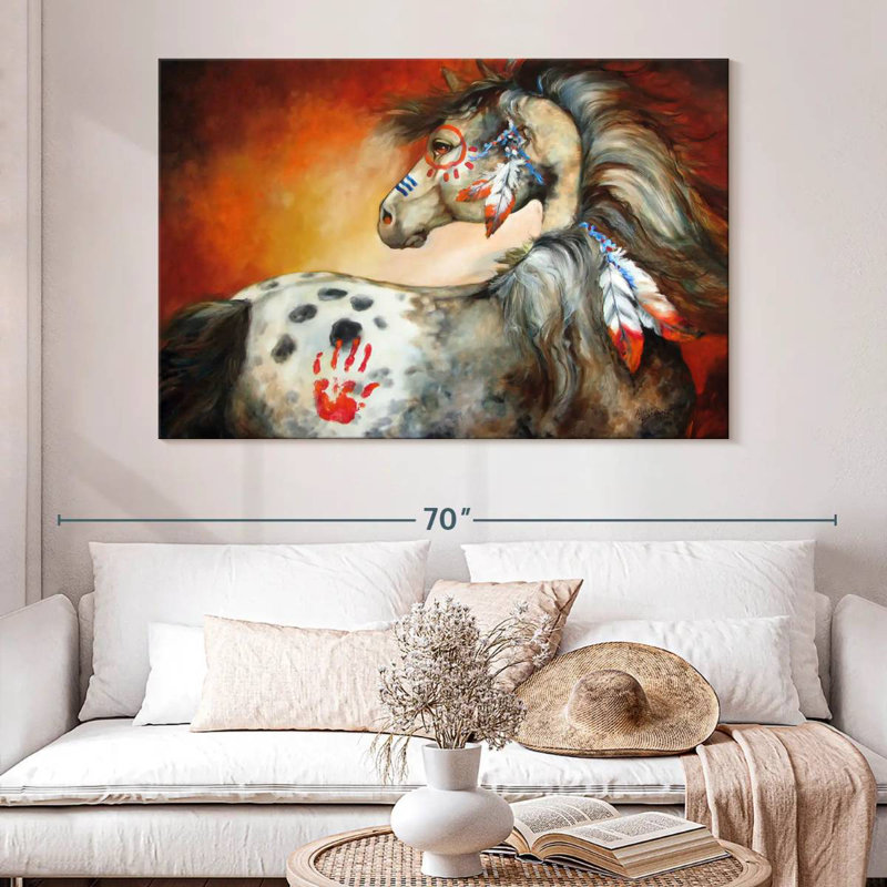 Poney de guerre indien 4 plumes, H 34 po x l 51 po