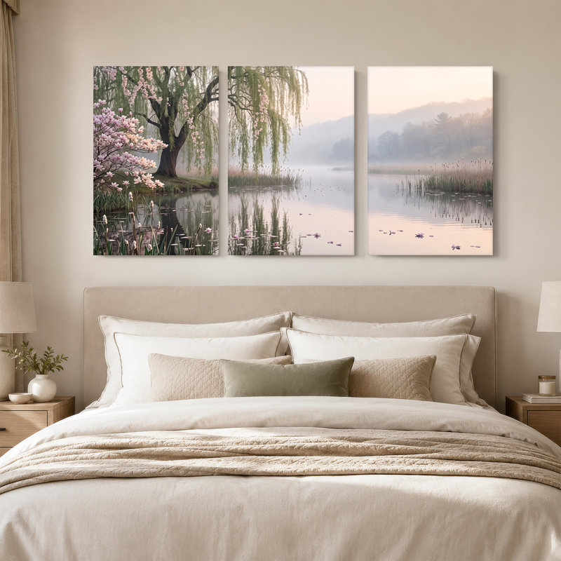 Ensemble d'art mural sur toile Willow Tree with Pink Blossoms at Misty Lake, H 24 po x l 16 po x 3 pièces