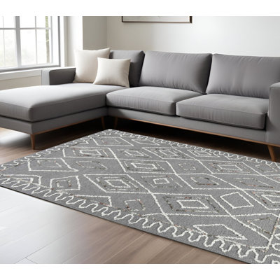 Tapis crocheté à la main à motif géométrique en laine ivoire et rouille 8 pi x 10 pi