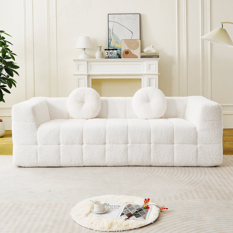 Canapé moderne de 84,6 pouces avec deux coussins décoratifs, tissu en polyester à poils longs texturé litchi doux pour la peau, canapé à trois places en mousse à carreaux