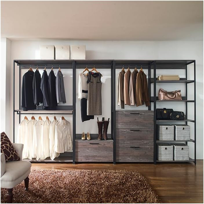  Weathered Wood Walk in Closet System with Drawer and Black Metal Frame Style, 77.7" H x 143" W x 17.3" D