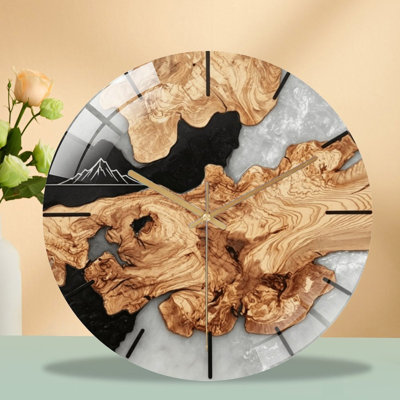 Horloge murale 12 po en verre trempé silencieux, «Wood Grain Mountain», horloge silencieuse à piles (piles AA non incluses), décoration artistique