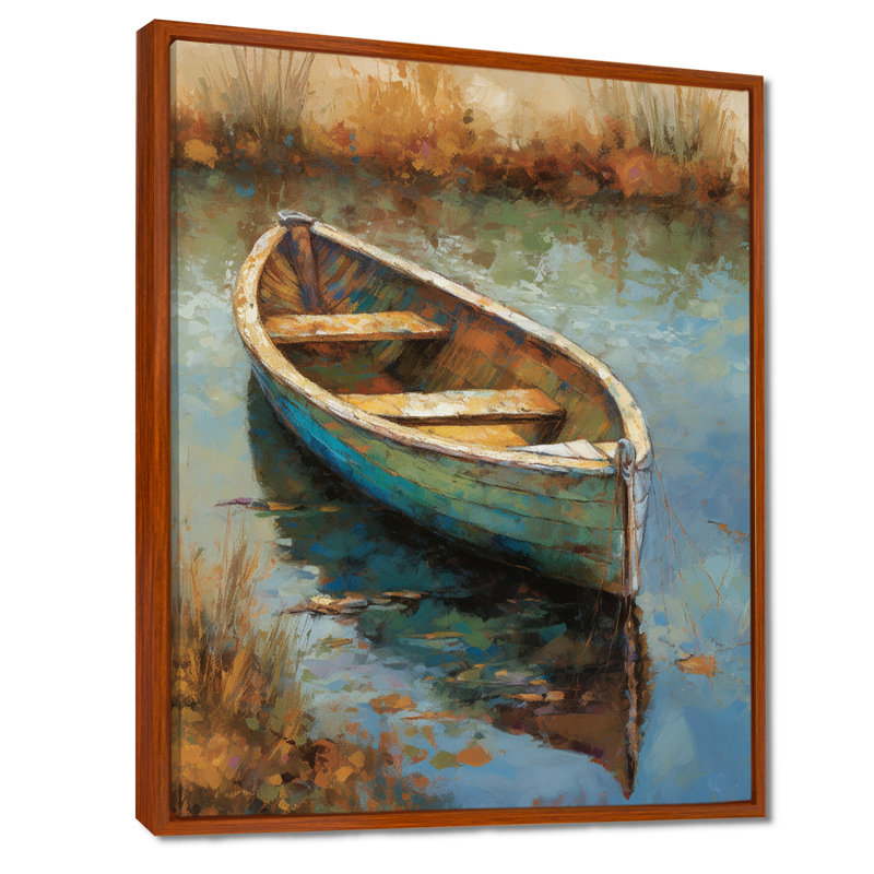 «Lake Serenity Dinghy Boat Resting On The Water I», art mural Lakehouse, H 20 po x l 12 po x P 1 po, Cadre flottant brun