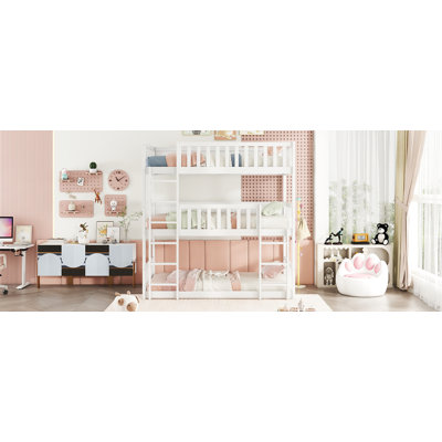 Twin Size Triple Rubber Wood Bunk Bed, with Ladders, Guardrails Detachable Bunk Bed, Twin