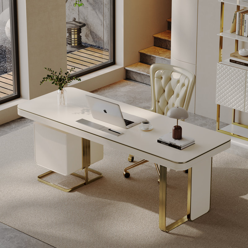 Executive Desk With Two Drawers Keyboard Tray Gold Metal Accents And Built In Outlet?
