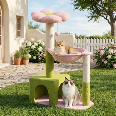 Flower Cat Tree with Large Metal Frame Hammock, 35in Cute Cat Tower, Sisal Scratching Posts, Cat Condo with Pink Top Perch, for Small Indoor Cats, Pink
