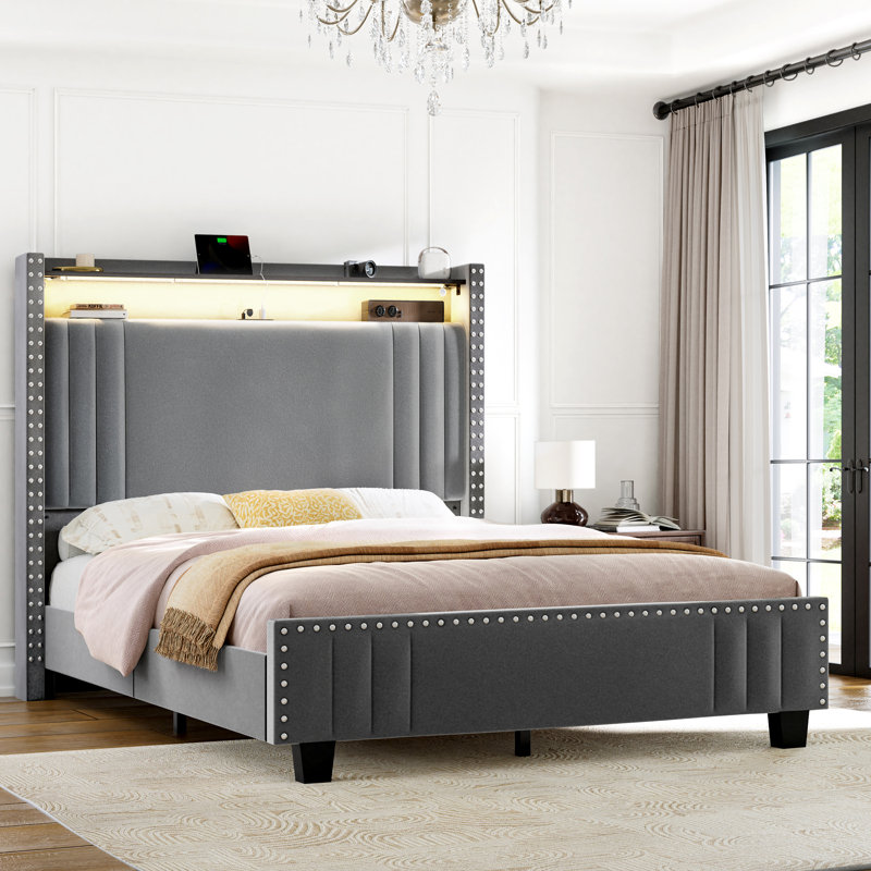 Hudepohl Upholstered Wingback Bed with 52.12" High Storage Headboard, Modern Upholstered Bed Frame with Outlet & LED Light