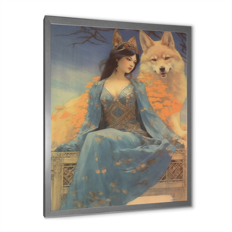 Cosmic Fox with Mystical Woman - reproduction sur toile, H 20 po x l 12 po x P 1 po, Cadre simple argenté