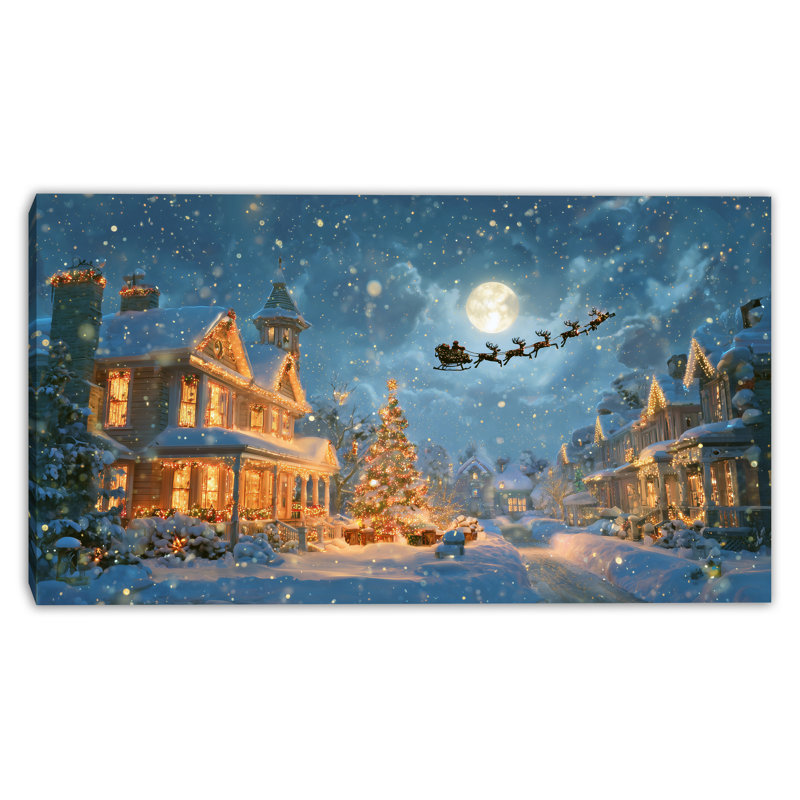 «Santa Flying Above Winter Town», art mural sur toile, 20 po x 36 po