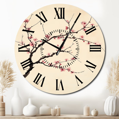 Plum Blossoms in Ink - Floral Silent Round Metal Wall Clock, Printed on Metal