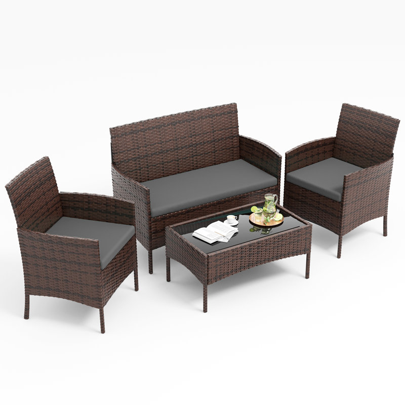 Ensemble de conversation d'extérieur en osier pour 4 personnes avec coussins et table basse, Gris