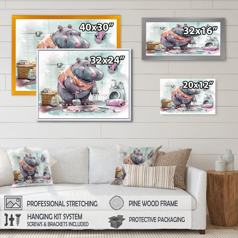 Hippopotame gris dans la salle de bain I - Art mural hippopotame pour salle de bain, H 12 po x l 20 po x P 1 po