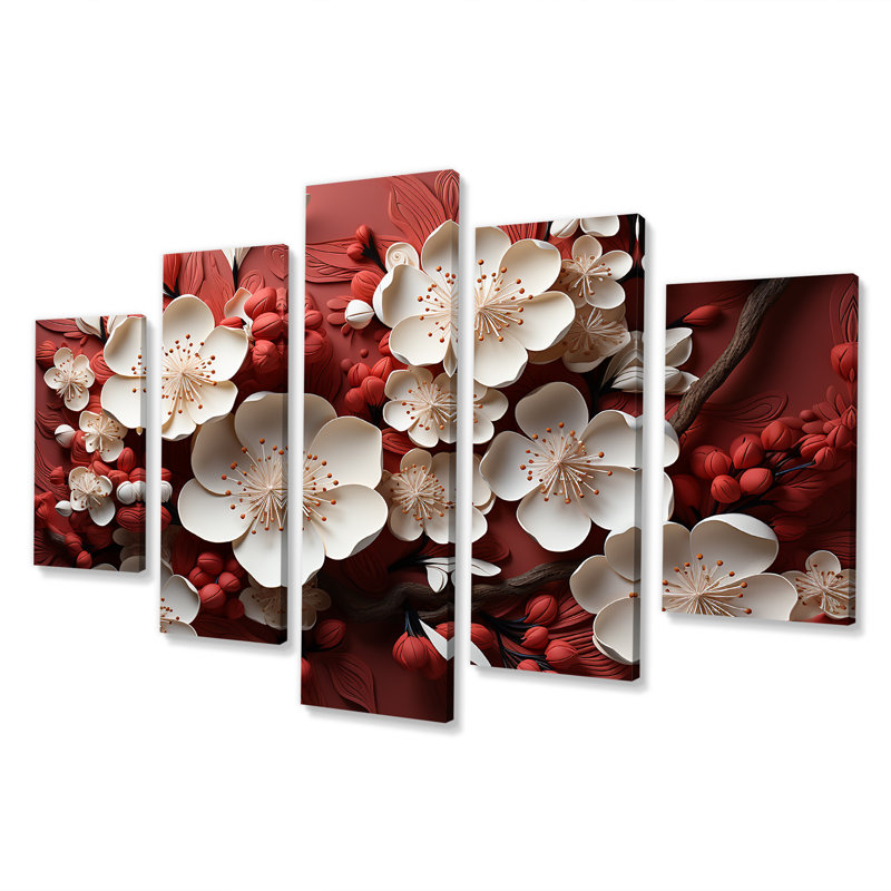  «White and Red Orchid Flower Branches IV - Abstract Floral Multipanel Wall Art Decor Set