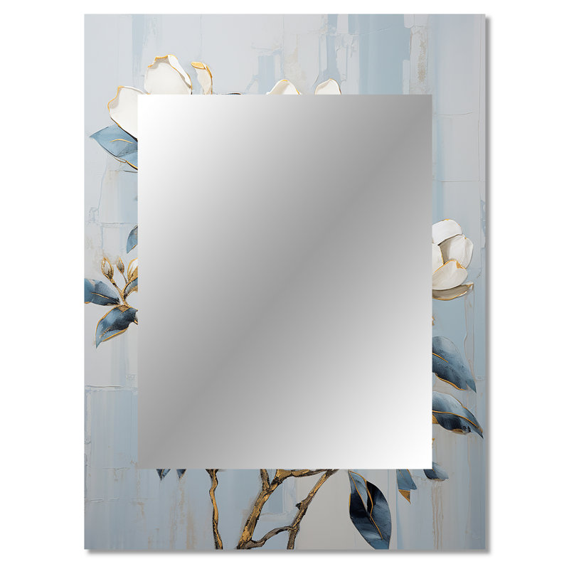 Minimalism White And Blue Magnolias Florescence I - WHITE Traditional Wall Mirror, 40" x 30"