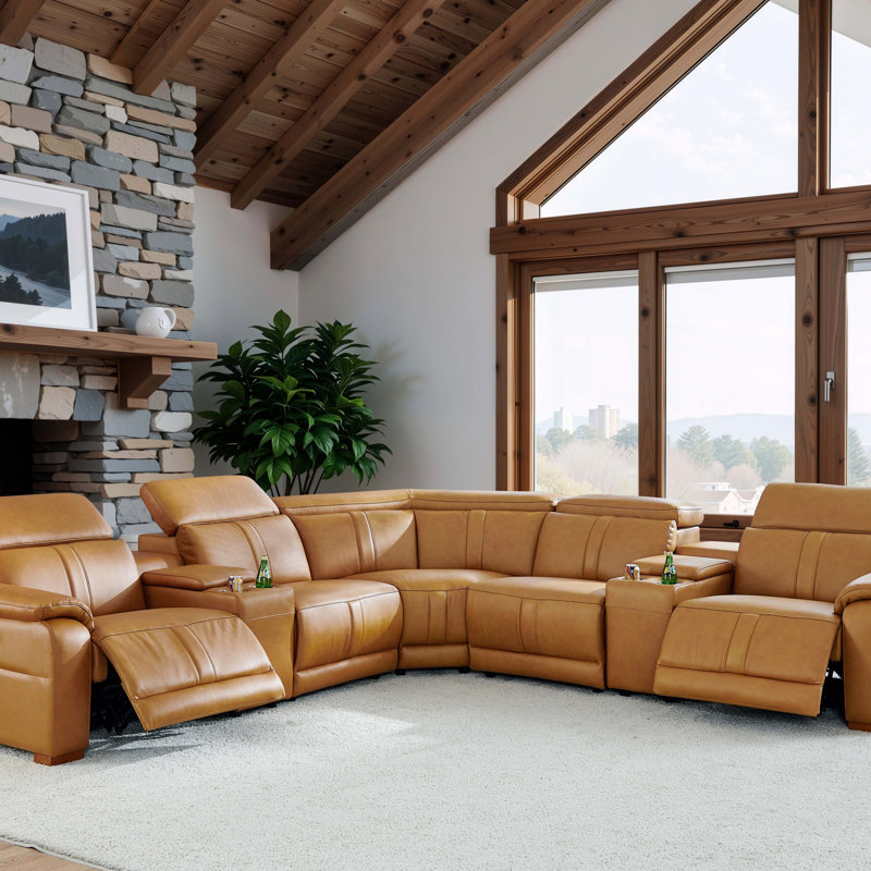 Canapé modulaire en cuir avec siège inclinable, appui-tête réglable et console de rangement avec porte-gobelets