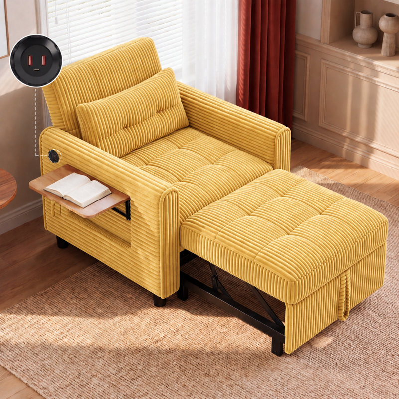 Fauteuil d'appoint convertible 3 en 1 avec port de charge USB et table d'appoint, fauteuil en velours côtelé pour le salon et la chambre à coucher