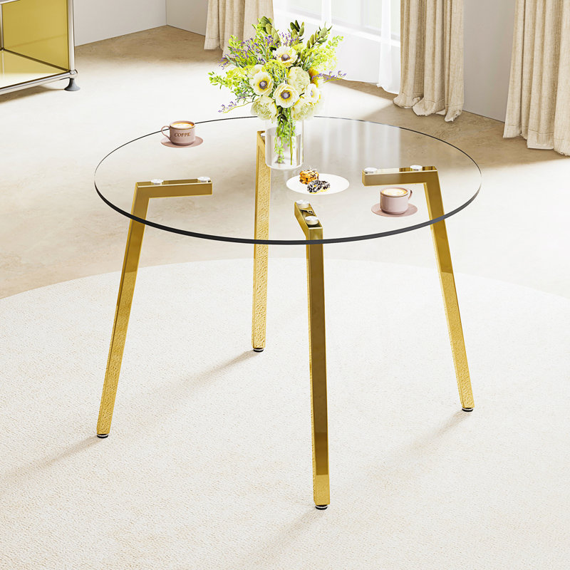 Table de salle à manger circulaire moderne en verre trempé de style minimaliste, Transparent/Gold