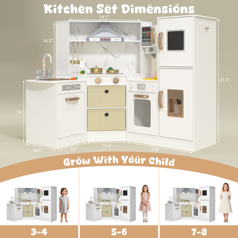 Play Kitchen Toy Set, Wooden Kids Kitchen Playset With Real Lights & Sounds